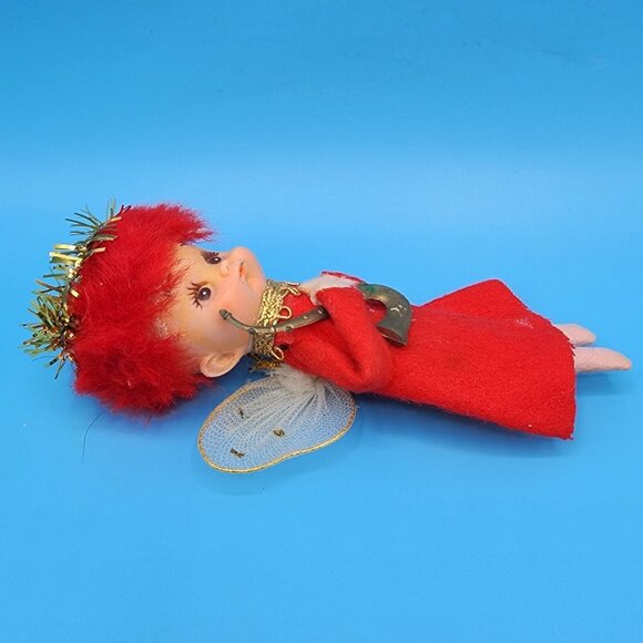 Vintage 1950s Napco Red Hair Pixie Angel Ornament Felt Elf Japan Tinsel Halo Sax - Picture 8 of 9